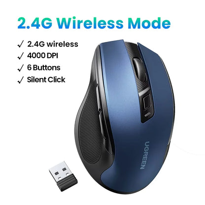 UGREEN langaton hiiri Bluetooth 5.0, ergonominen 4000DPI, 6 hiljaista painiketta, MacBookille, tabletille, kannettaville tietokoneille, tietokoneelle ja PC:lle, 2.4G-hiiri