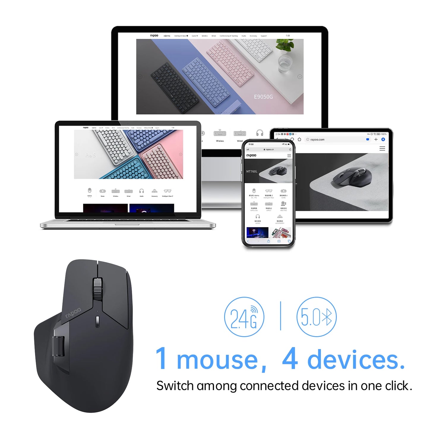 Bezprzewodowa, ergonomiczna mysz Rapoo MT760L/MT760M Multi-mode, akumulatorowa, 4000 DPI, obsługa do 4 urządzeń, Bluetooth