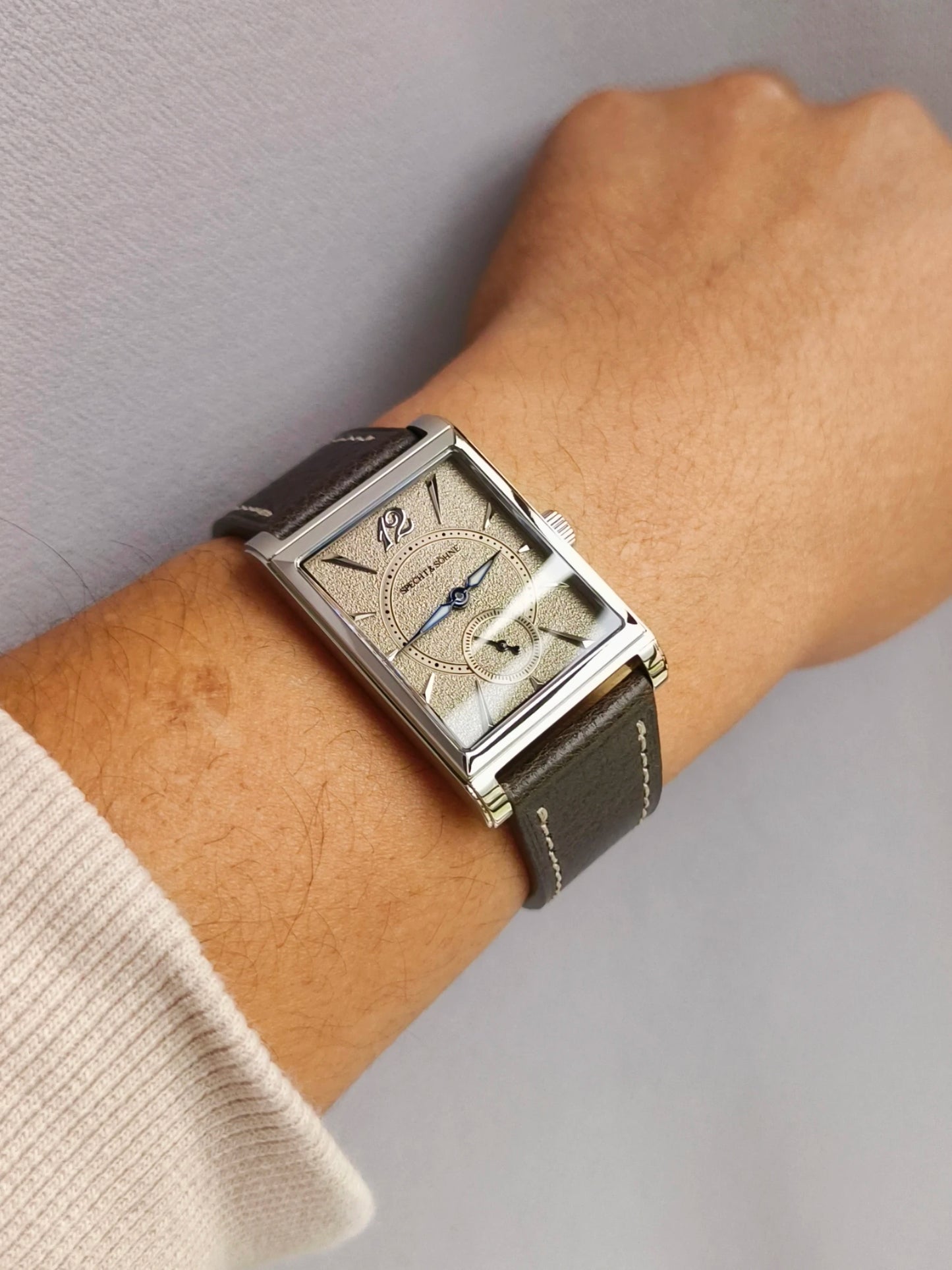 2026 Specht&Söhne Ultra Thin 7.5mm Rectangular Watch Japan Quartz Movement Small Seconds Sandblasted Dial Grey Leather Strap Watch