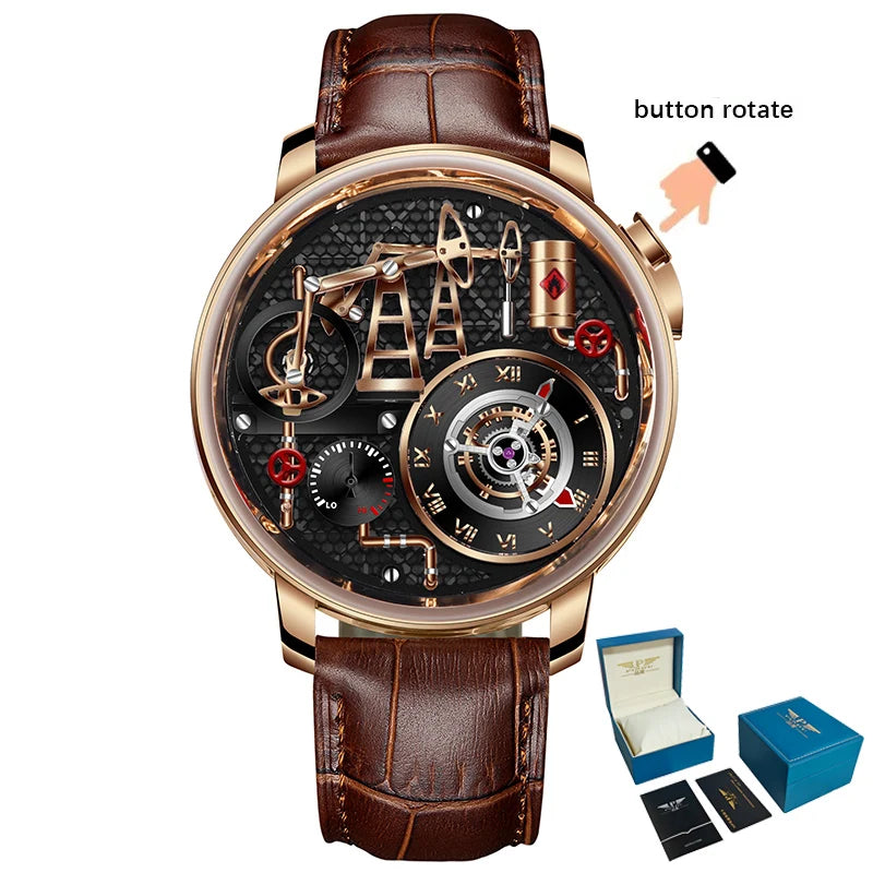 PINDU NEW TOP Quartz Watches Button oil Pump Business Men Wristwatches 45.5MM Sapphire Mirror Waterproof Leather Watch for Men