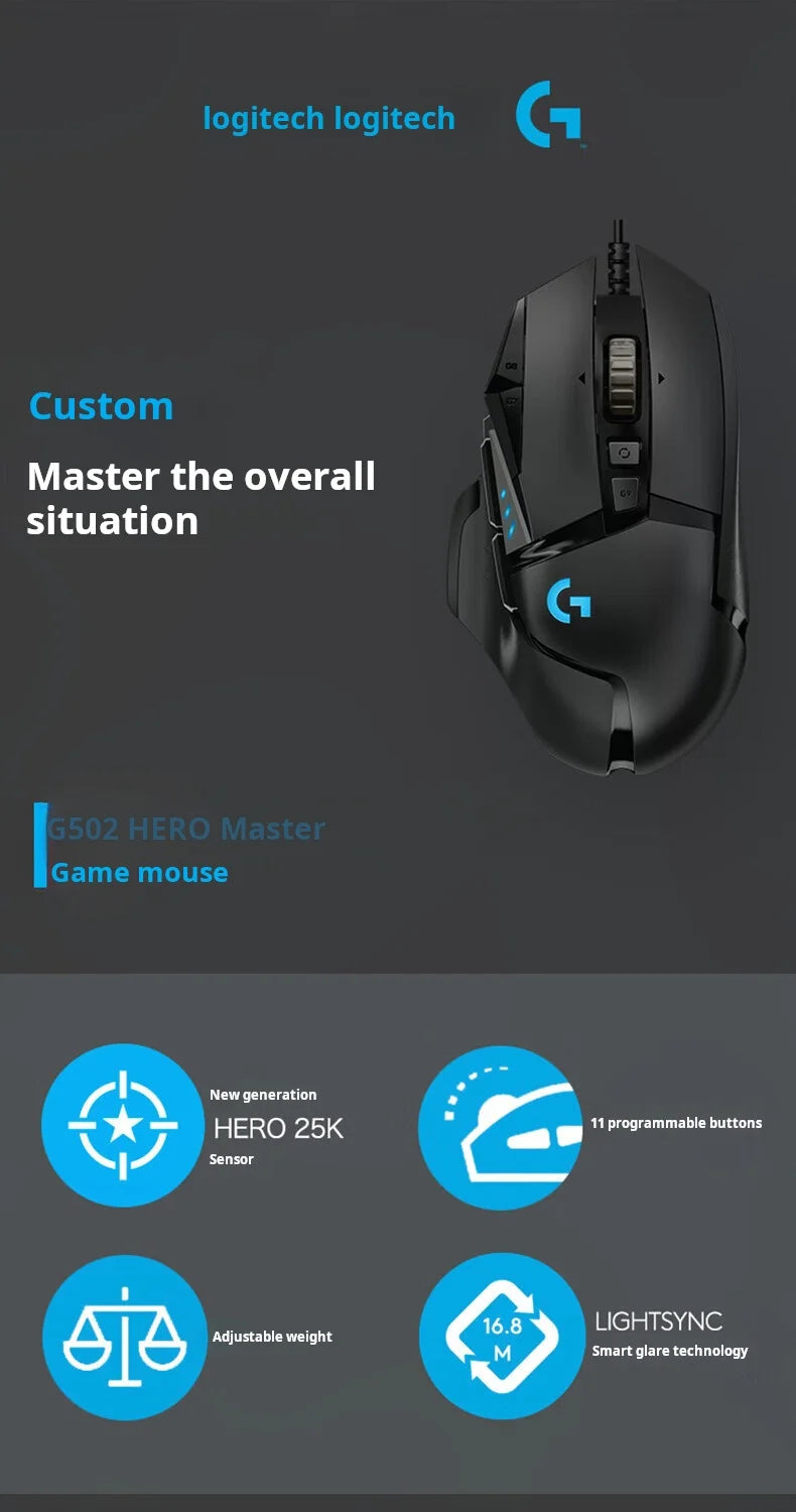 Logitech G502 HERO vysoce výkonná drátová herní myš, senzor HERO 25K, 25,600 DPI, RGB, nastavitelné závaží, 11 tlačítek, myš pro PC/Mac
