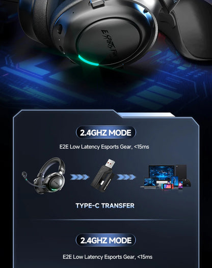 HaaYot Professional Wireless Gaming Bluetooth 6.0 Headset, 7.1 Virtual Surround Sound, Low Latency 15ms for PC, PS5, Mobile, Switch