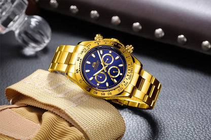 Automatic Mens Watch Self Wind Mechanical Gold Stainless Steel Glacier Ice Blue Dial Chestnut Brown Bezel Luminous Men Watches