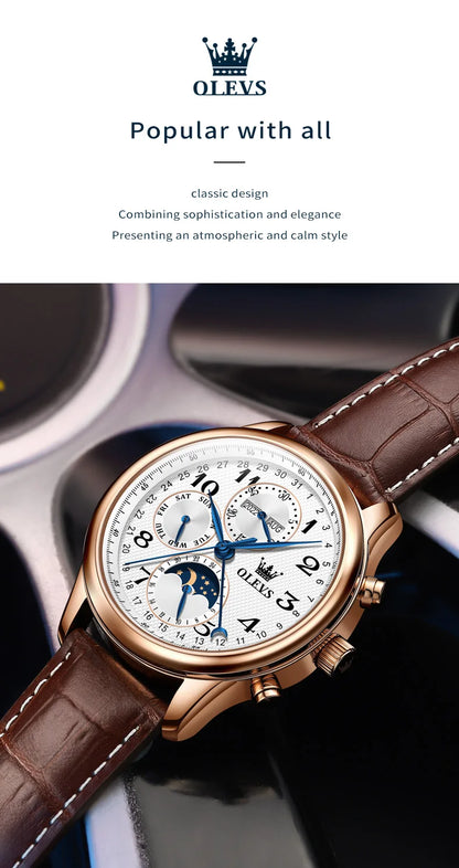 OLEVS 6667 Mens Watch Multifunctional Chronograph Mechanical Watch Leather Strap Moon Phase Watches For Man Luxury Original
