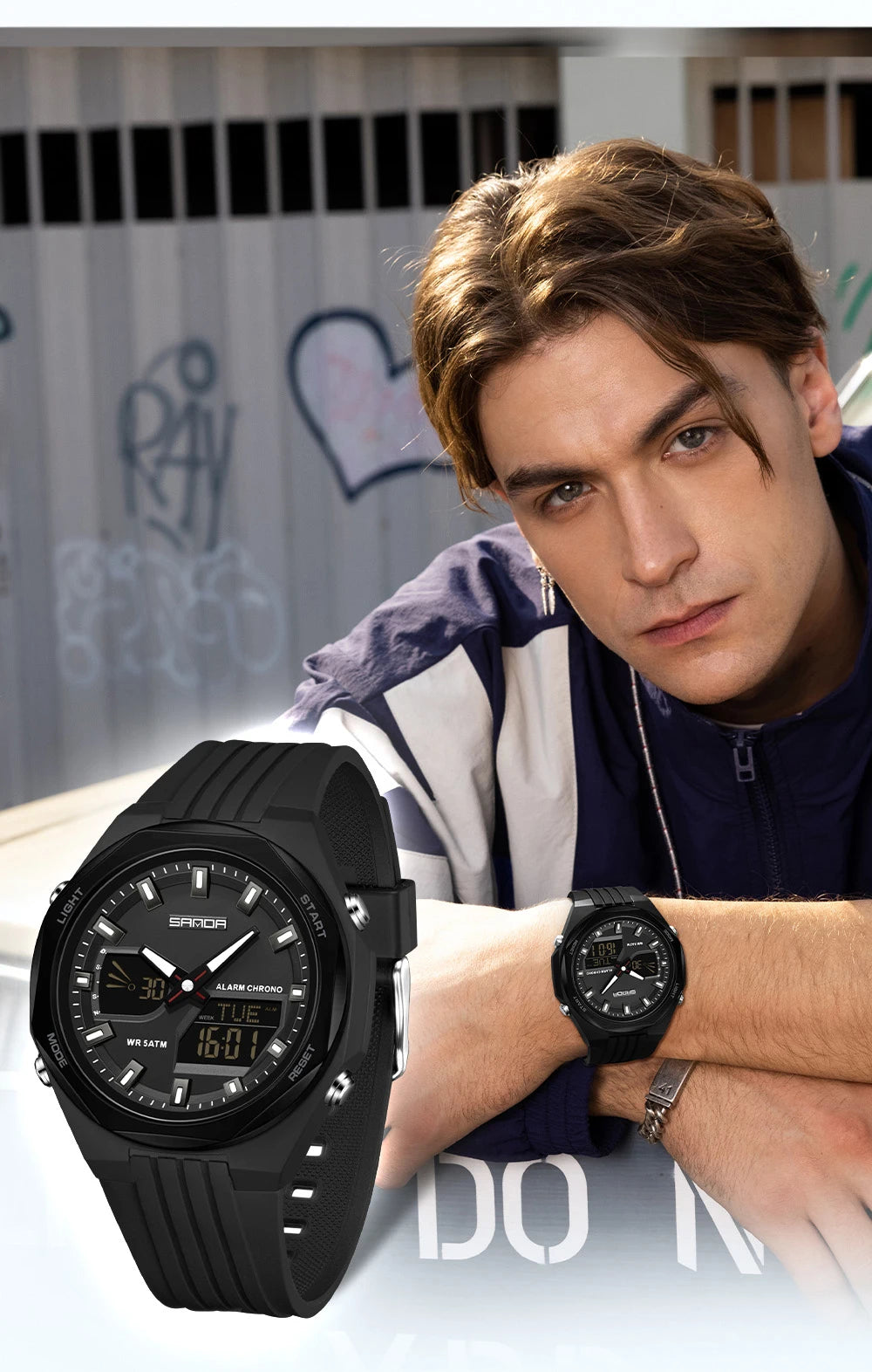 Fashion SANDA 6267 Men's Electronic Watch Multifunctional Operation Night light waterproof Dual Display Student Electronic Watch