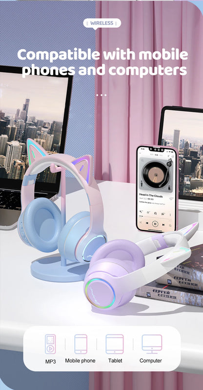 RGB Cat Ear Bluetooth Headphones Wireless Kids Headset with Microphone, Gradient LED Light Gaming Headphones, Stereo Music Bluetooth 5.3 Earphones for Girls