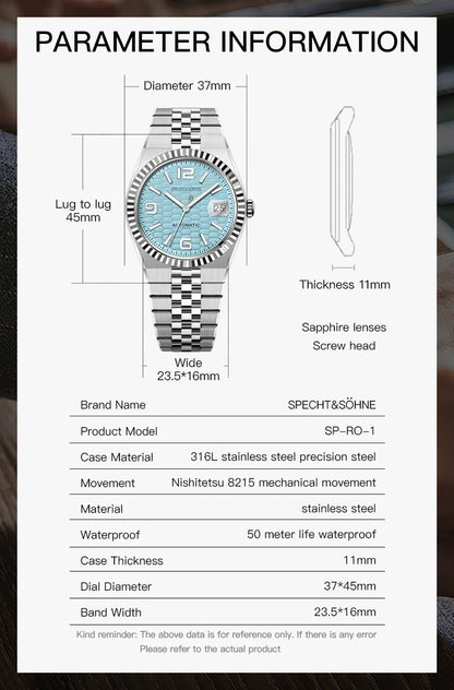 Specht & Söhne New Mens Watches Miyota 8215 Automatic Mechanical Wristwatches Stainless Steel Watch Relogio Masculino 37MM