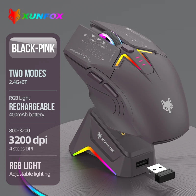 XUNSVFOX H2 langaton Bluetooth-kaksoistilahiiri RGB-valaistustehosteella kannettavalle, pelaamiseen ja toimistokäyttöön, magneettinen lataus