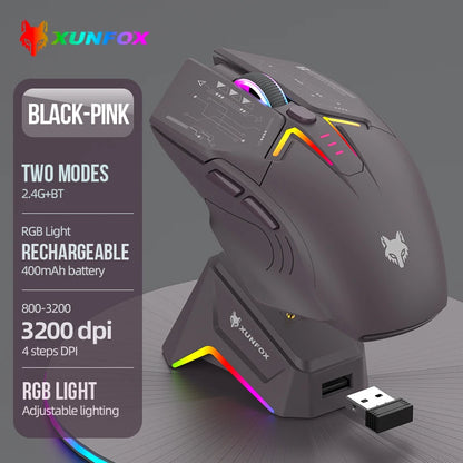 XUNSVFOX H2 langaton Bluetooth-kaksoistilahiiri RGB-valaistustehosteella kannettavalle, pelaamiseen ja toimistokäyttöön, magneettinen lataus