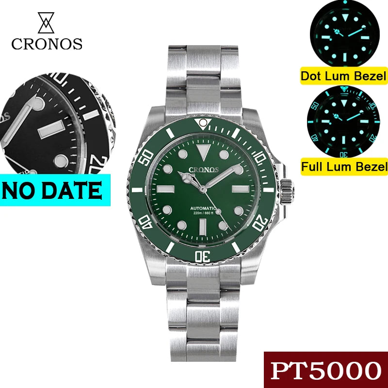 Cronos Sub Diver Men Watch No Date PT5000 Brushed Bracelet Ceramic Bezel 200 meters Water Resistant