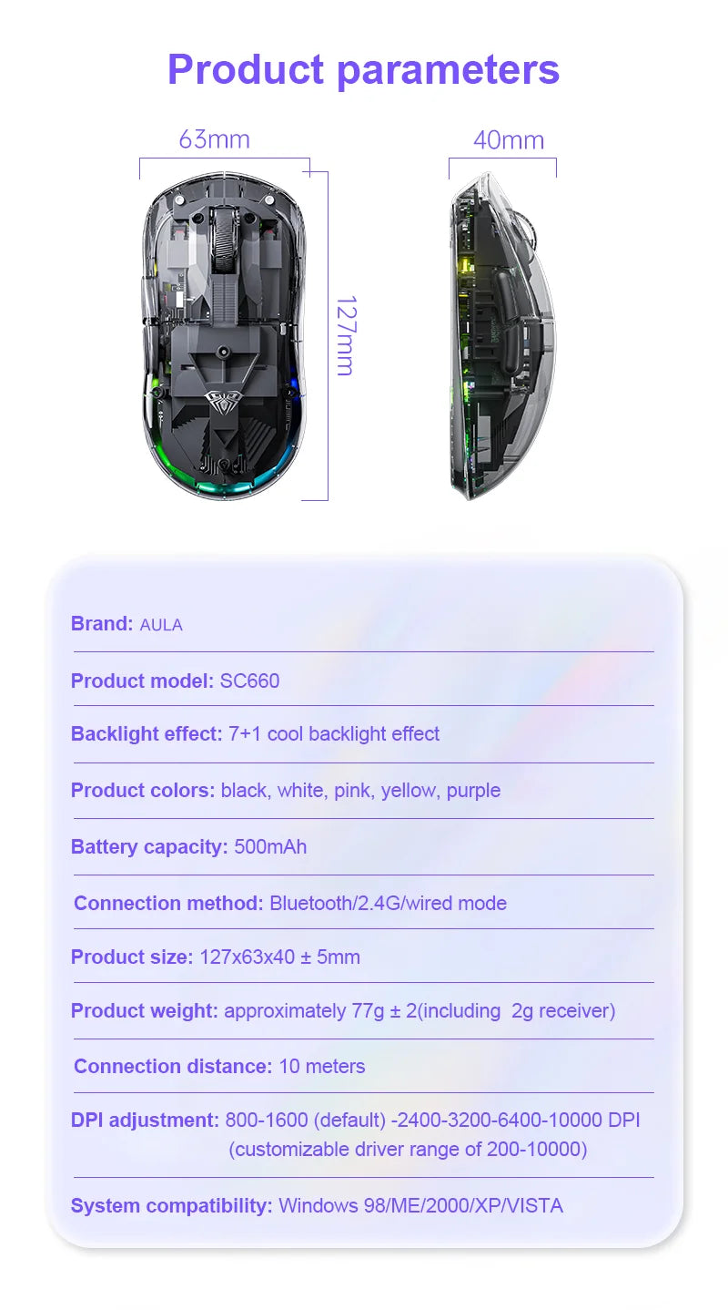 AULA SC660 Wireless Bluetooth Mouse E-sports Mouse Three-Mode Connection Lightweight Mouse Type-C Charging Game Office Girls Boys