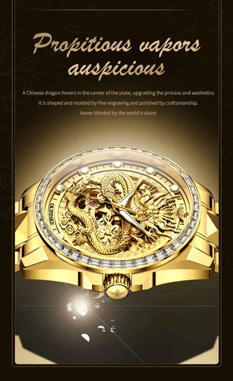 Reloj para hombre OUPINKE de marca de lujo, oro y acero de tungsteno, original, automático mecánico, con esfera decorada con motivo de dragón