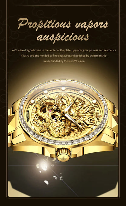 Reloj para hombre OUPINKE de marca de lujo, oro y acero de tungsteno, original, automático mecánico, con esfera decorada con motivo de dragón