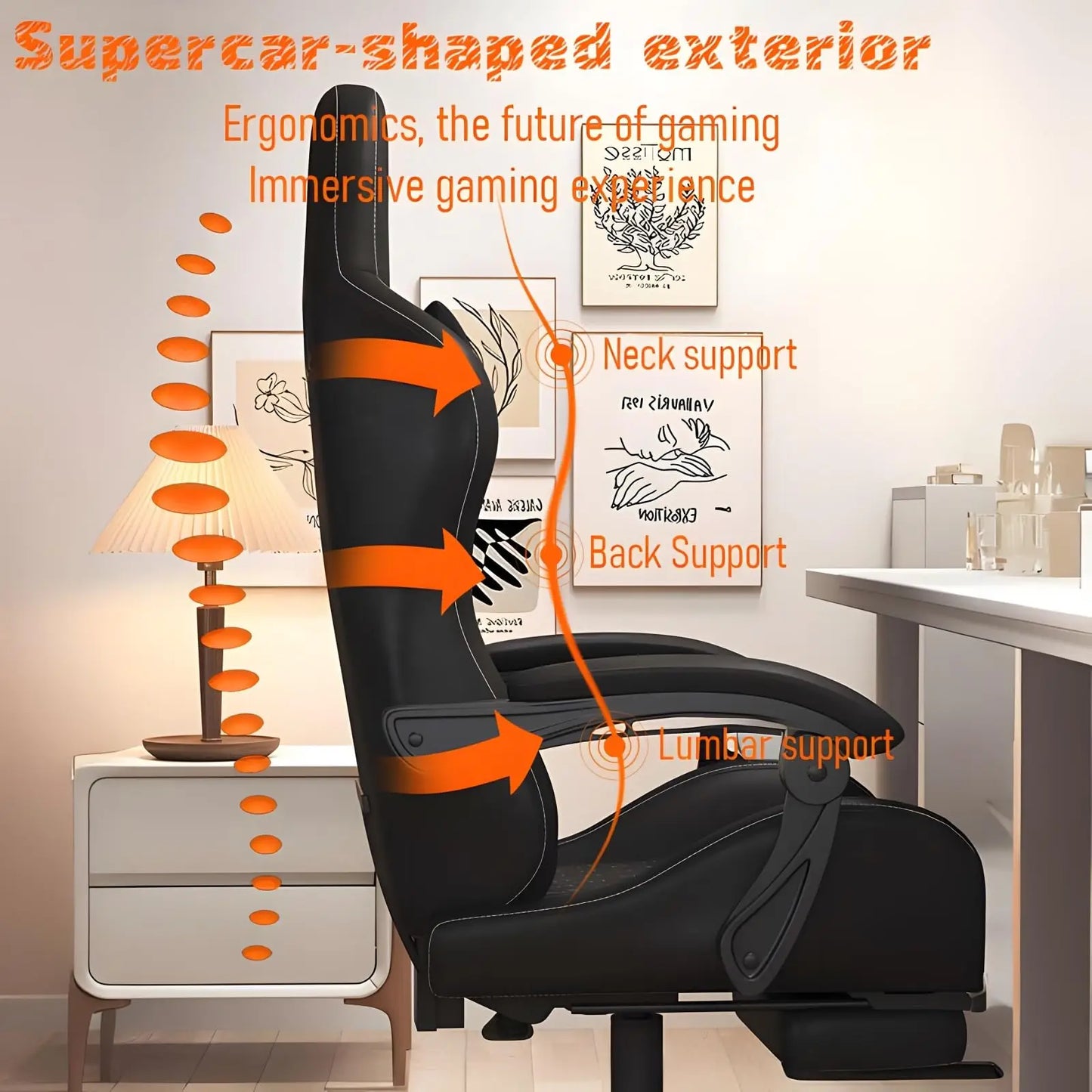 Hestora PU-leren grote en hoge gamingstoel, ergonomische computerstoel met hoge rugleuning, voetensteun en masserende lendensteun voor volwassenen
