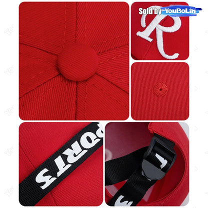 R-Buchstabe, Bandstickerei, Baumwolle, verstellbar, Baseballkappe mit festem Schirm, Sonnenhut, Trucker-Caps, Hip-Hop-Caps