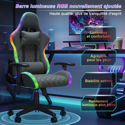 Rosahqnda LED gaming chair with ergonomically adjustable backrest, PU leather office chair, lumbar support cushion & pillow