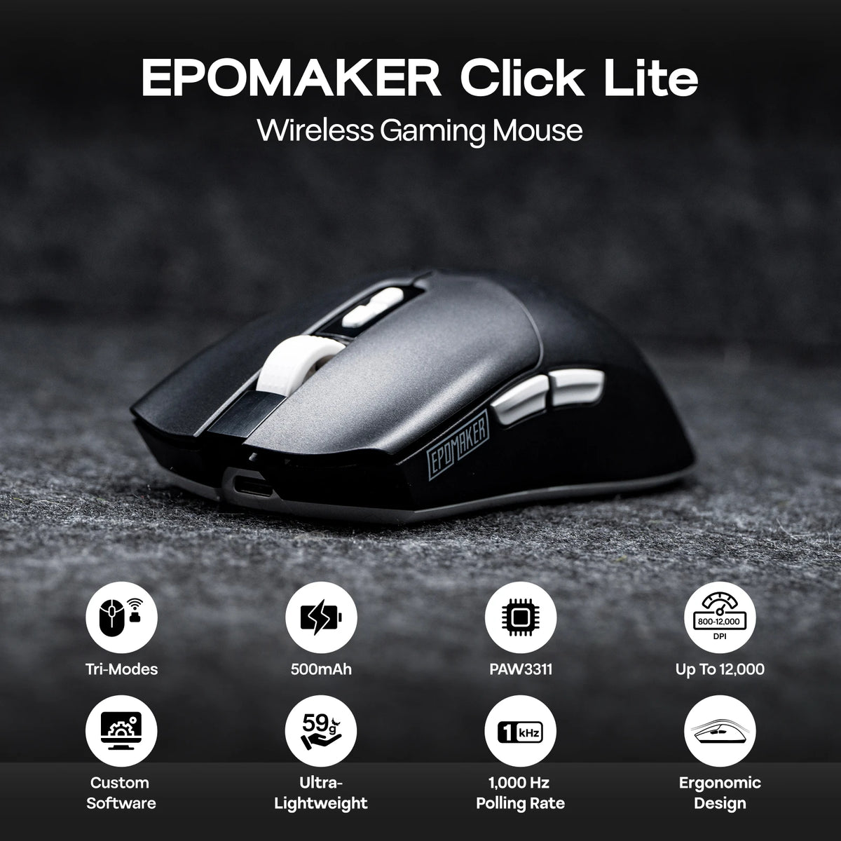EPOMAKER Click Lite Wireless Gaming Mouse, Tri-Mode Bluetooth & 2.4GHz Gaming Mouse, PAW3311 Sensor, 24000 DPI, 59g Lightweight Rechargeable Gaming Mouse