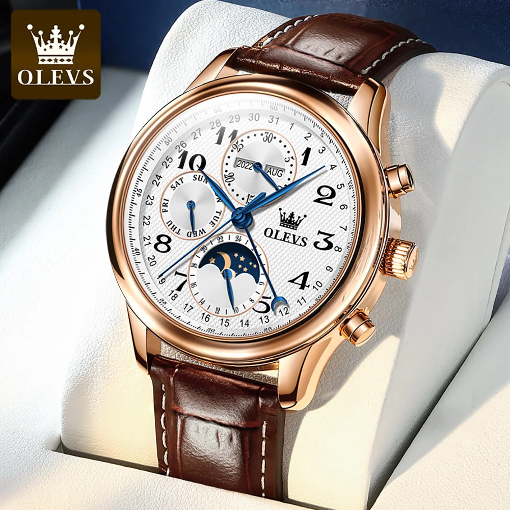 OLEVS 6667 Mens Watch Multifunctional Chronograph Mechanical Watch Leather Strap Moon Phase Watches For Man Luxury Original
