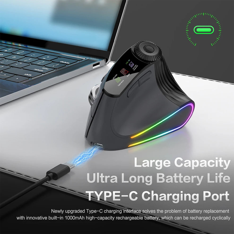 Backlit Wireless Ergonomic Mouse with Smart Flying Scroll, Function Adjustment Knob, Bluetooth & 2.4G Rechargeable Gaming Mouse