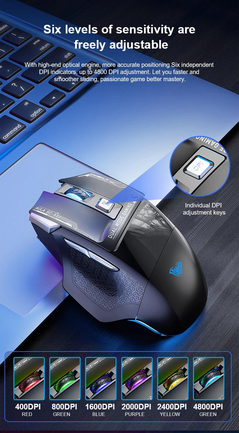 AULA SC550 žaidimų pelė, 2.4G belaidė makro pelė su RGB apšvietimu, ergonomiško dizaino e. sporto pelė, PC priedai