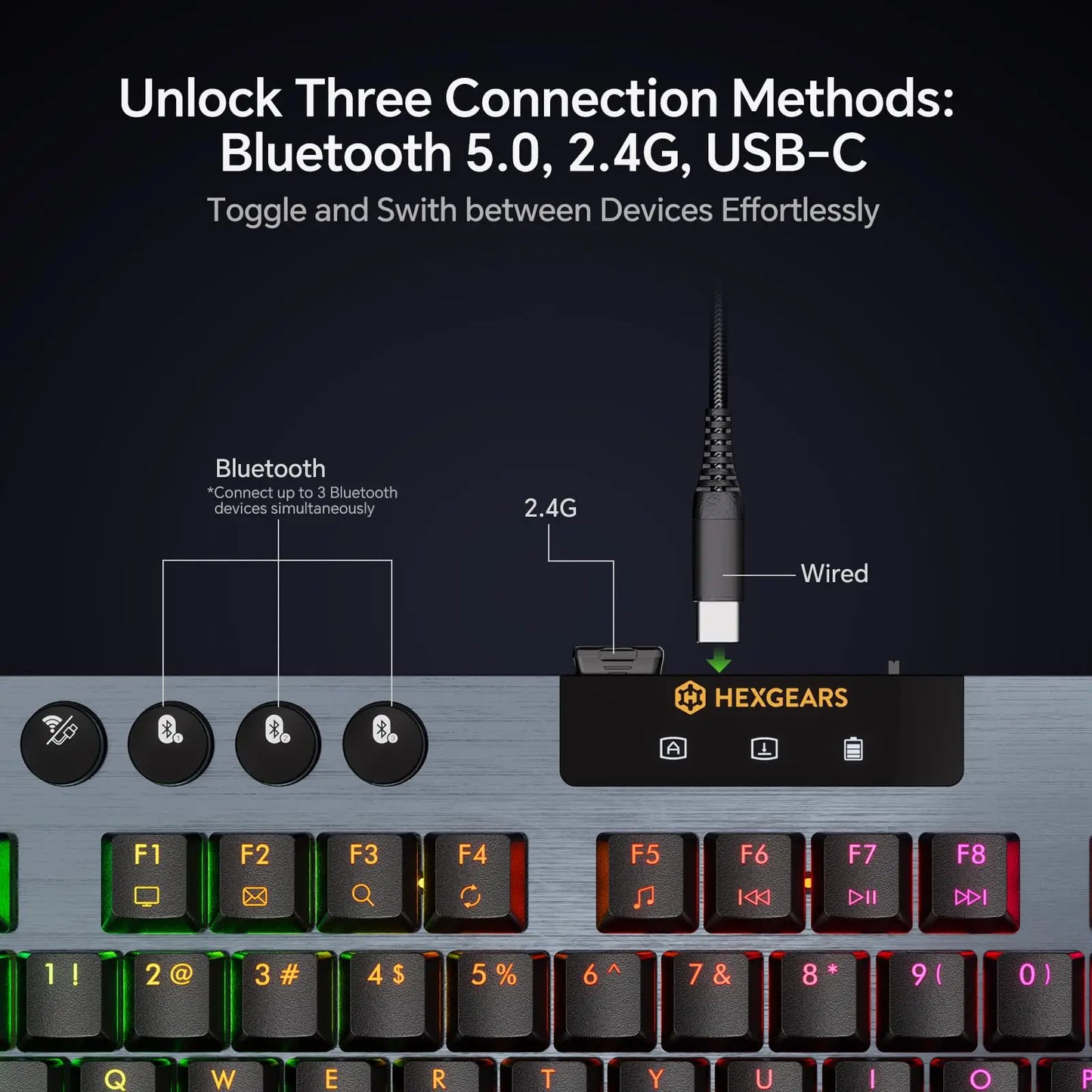 HEXGEARS A3 Mechanical Keyboard Kailh Switch Bluetooth/2.4G/Type-C Wired Connection 87 Key RGB Hot Swap Wireless Gaming Keyboard