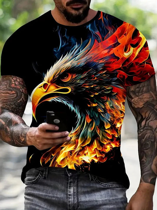 Nowa męska koszulka T-shirt z efektownym wzorem orła, nadruk 3D z płomiennym orłem, letni streetwear, modny krótki rękaw, męskie T-shirty i topy