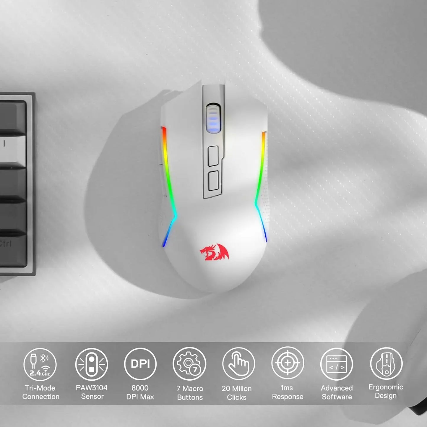 Redragon M693 ασύρματο/ενσύρματο BT & 2.4G Bluetooth gaming ποντίκι 8000 DPI με σύνδεση 3 λειτουργιών και οπίσθιο φωτισμό RGB για PC/Mac/Laptop