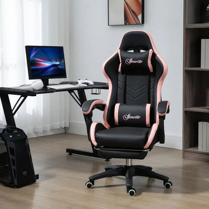 Adjustable Height Gaming Chair with Headrest, Ergonomic Gaming Chair with Footrest, PU Leather Computer Chair for Gaming Desk, Pink & Black