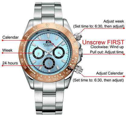 Automatic Mens Watch Self Wind Mechanical Gold Stainless Steel Glacier Ice Blue Dial Chestnut Brown Bezel Luminous Men Watches