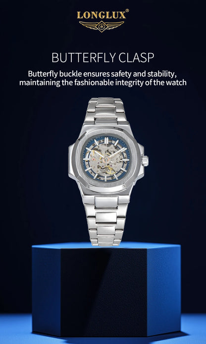 LONGLUX HOT SALE automatic mechanical men watch wholesale no logo waterproof skeleton business  stainless steel gift watch