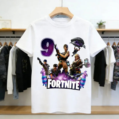 Fortnite Kinder-Geburtstagszahl-T-Shirt für Mädchen und Jungen, Sommerkleidung, Baby-T-Shirt aus Baumwolle, kurzärmliges Party-Oberteil, Geschenk für Kleinkinder