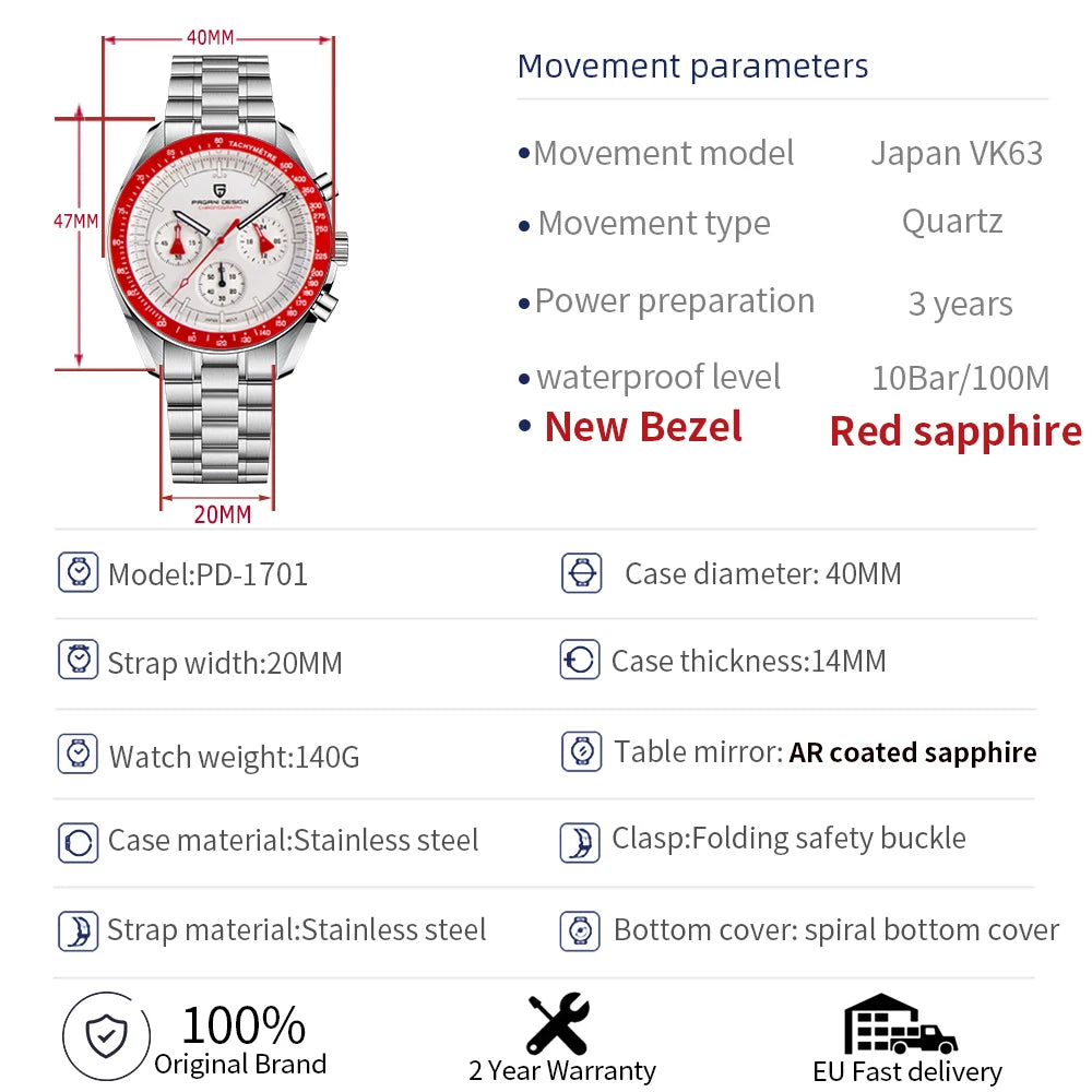 PAGANI DESIGN Planetary Series Saturn Light Tan  Quartz Watch Men Speed Chronograph AR Sapphire crystal Wristwatch Men 2026 New