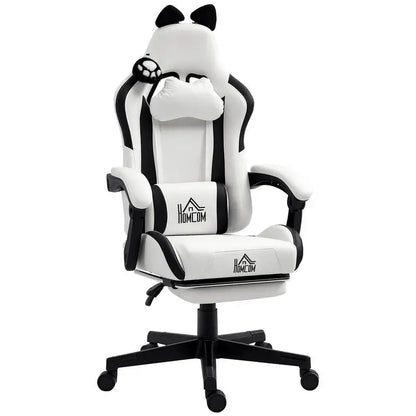 Cute Cat Shaped Gaming Chair with Removable Cat Ears and Paws,Retractable Footrest, Lumbar Head Support, 360° Swivel Gamer Chair