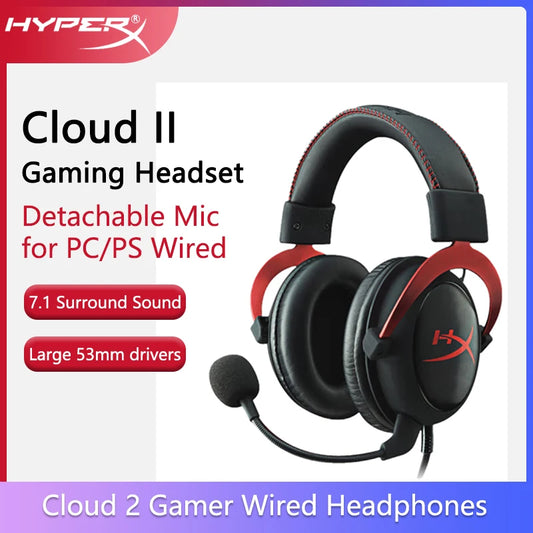 HyperX Cloud II Wired Gaming Headset with 7.1 Surround Sound, Hi-Fi Gaming Headphones, Detachable Noise-Cancelling Microphone, USB Sound Card for PC, PS4 & Xbox