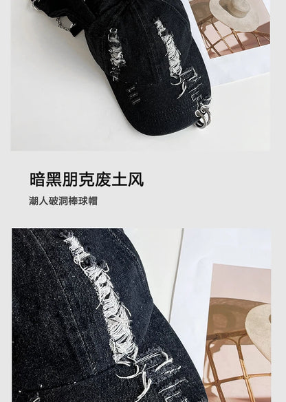 Niche Y2k Baseballkappe mit Hasenohren aus zerrissenem Denim für Damen und Herren, dunkles Design, Metallring, Street-Trend, verstellbare Sportkappe