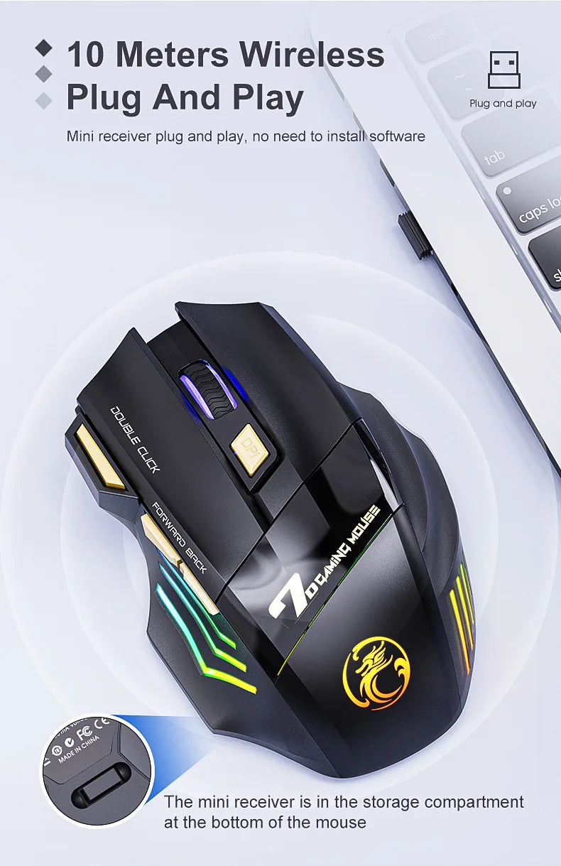 Wireless Gaming Mouse USB IMICE GW-X7 3200DPI Dual Mode Rechargeable 7 Keys 2.4GHz Silent Mouse Bluetooth 7-color Breathing LED