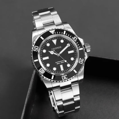 Cronos Sub Diver Men Watch No Date PT5000 Brushed Bracelet Ceramic Bezel 200 meters Water Resistant