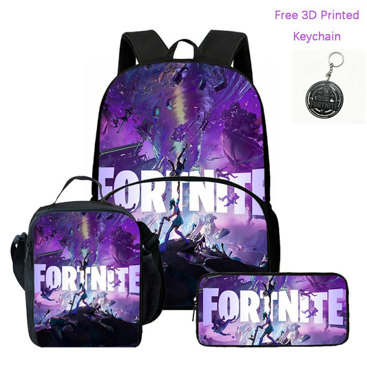 3-teiliges FORTNITE Cartoon-Schulset mit leichtem Rucksack, Fronttasche, Lunchbox und Federmäppchen für Kinder von 5-9 Jahren + kostenloser 3D-gedruckter Schlüsselanhänger