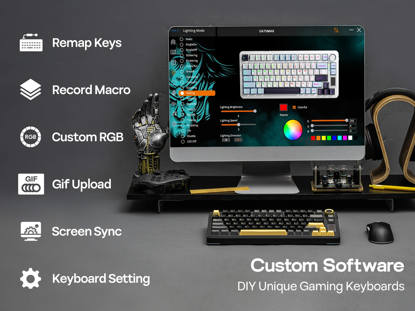 EPOMAKER X AULA EA75 MAX 75% ANSI US Layout Hot-Swap Gasket Wired/BT/2.4GHz Wireless Mechanical Keyboard with Screen & Knob