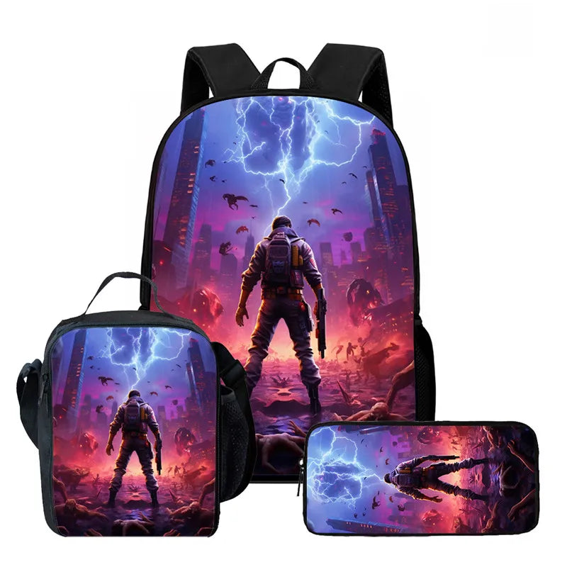 Fortnite Cartoon 3pcs Backpack Set for Boys Girls Unisex Including School Bag Lunch Bag Pencil Case Suitable for ages 5-8