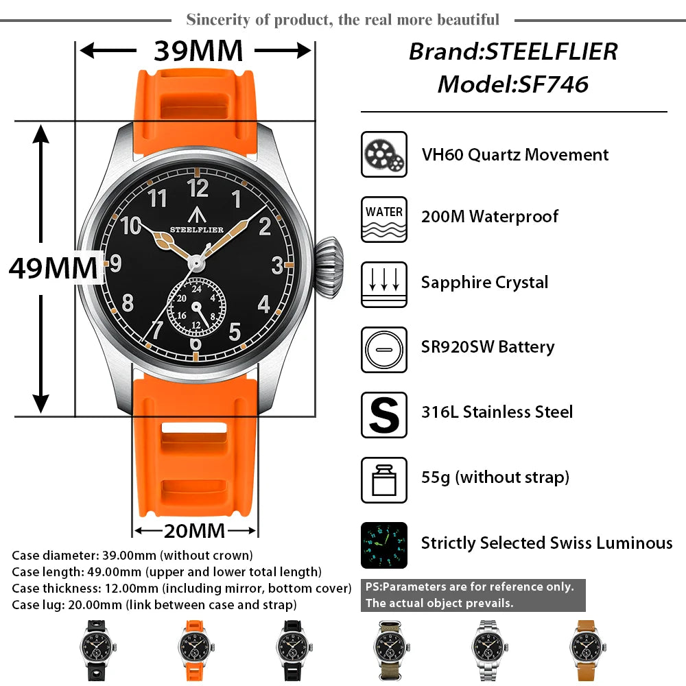Relógio de Pulso de Quartzo de Luxo STEELFLIER Official SF746, Luminoso Suíço, Movimento Silencioso VH60, 20Bar, Impermeável, Multi-Fuso Horário