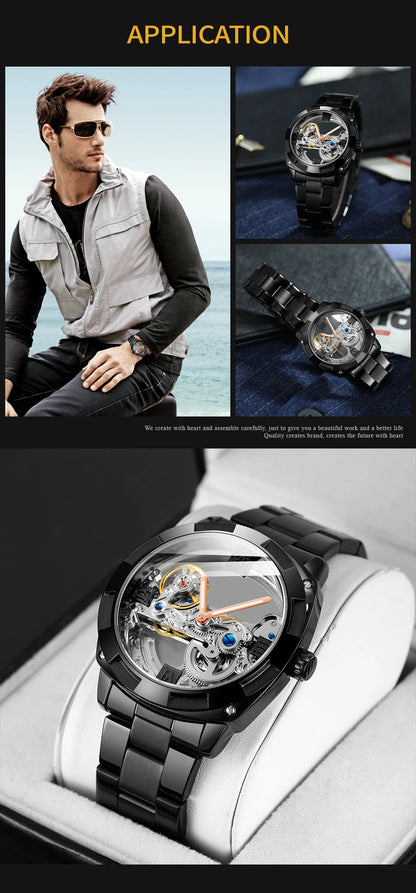 2024Top Brand Luxury Stainless Steel Skeleton Tourbillon Automatic Movement Men Watch Mechanical Waterproof Luminous Wrist Clock