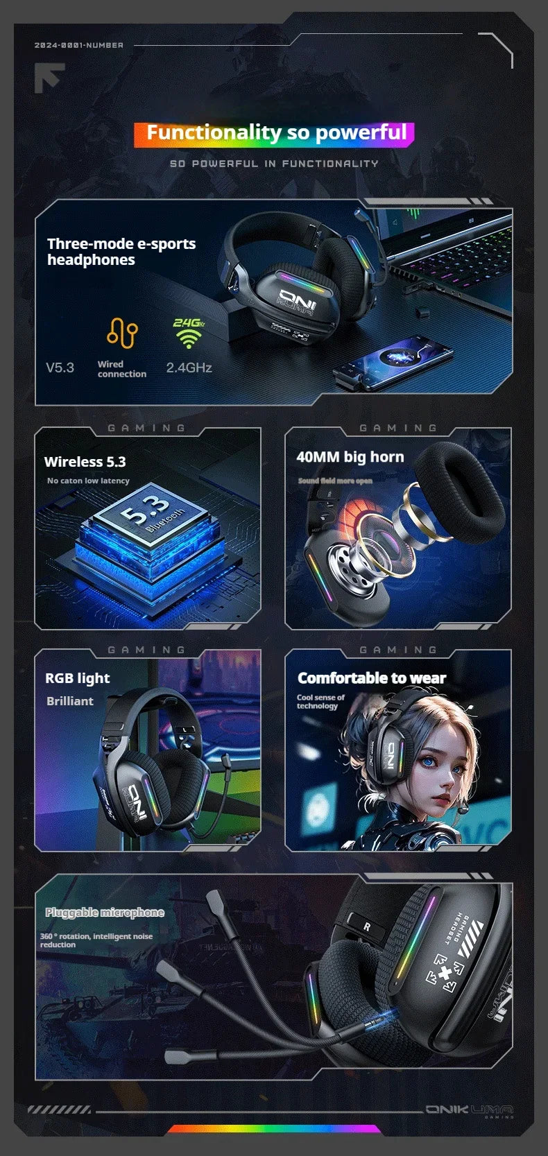 ONIKUMA GT808 Wireless Gaming Headset 2.4G/Bluetooth/Wired 3-Mode Over-Ear Gaming Headphones with Noise-Cancelling Mic for PC PS4 PS5