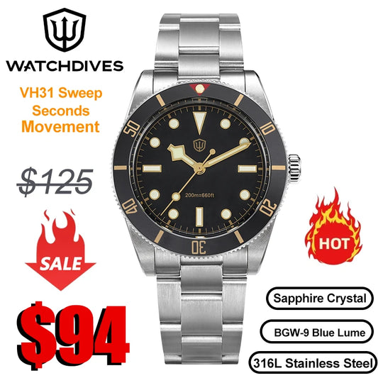 Watchdives WD7922 Quartz Watch Men VH31 Movement Sapphire Crystal 200m Waterproof Wristwatch Luminous 37mm Vintage BB54 Watches
