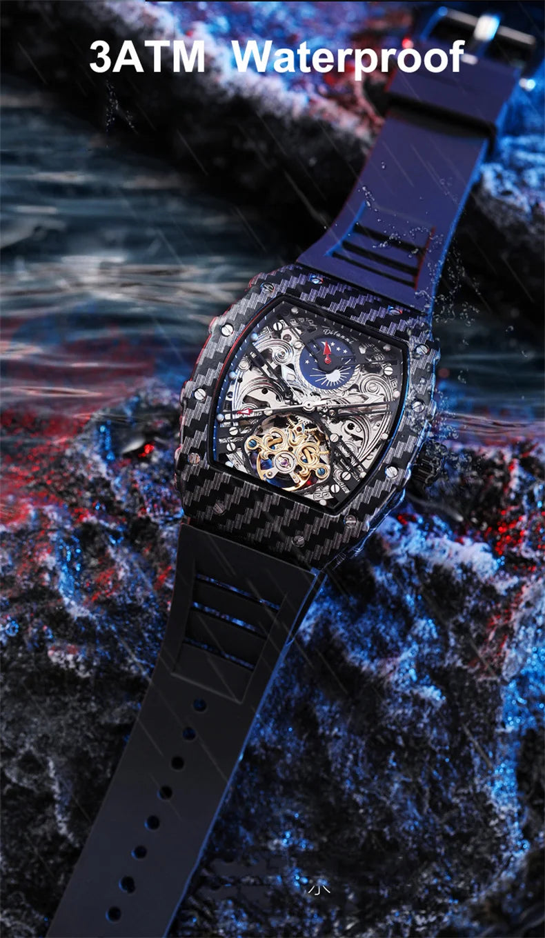 Mechanické hodinky s tourbillonem pro muže, silikonový řemínek, skeletové, tvaru tonneau, automatické, luxusní pánské hodinky Reloj Hombre