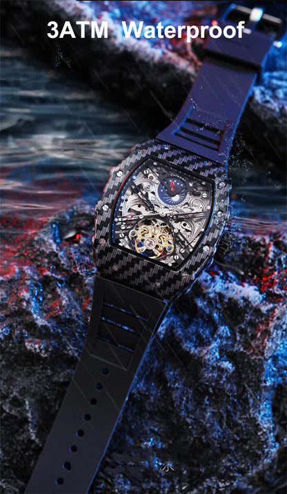 Mechanické hodinky s tourbillonem pro muže, silikonový řemínek, skeletové, tvaru tonneau, automatické, luxusní pánské hodinky Reloj Hombre