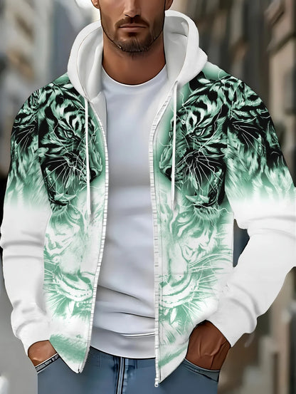 2025 Mens Long Sleeve Zip up Tiger Graphic Hoodie Casual Outdoor Fashion Coat with Drawstring and Pockets Zipup Hoodie for Man