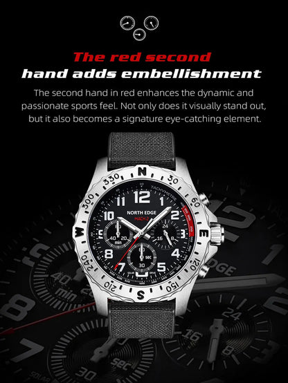 NORTH EDGE  Men's Watches Solar Power 316 stainless steel Case Quartz Watch For Men Pilot Waterproof 50M Stopwatch