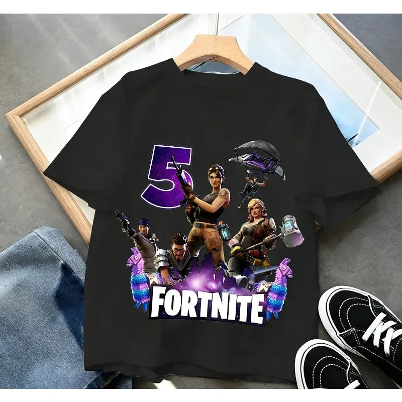 Fortnite Kinder-Geburtstagszahl-T-Shirt für Mädchen und Jungen, Sommerkleidung, Baby-T-Shirt aus Baumwolle, kurzärmliges Party-Oberteil, Geschenk für Kleinkinder