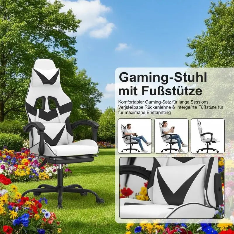 Gaming Chair with Footrest White and Black 57.5X59.5X121-131 cm in Imitation Leather, 360 Swivel Reclining Seat ° Can Carry 110 kg